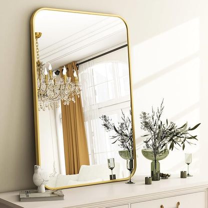 Easly 20 x 28 Inch Bathroom Mirror, Rounded Rectangular Vanity Mirror for Wall, Modern Mirror for Room Decor, Gold Framed Wall-Mounted Mirrors for Home Decor, Hangs Horizontally or Vertically
