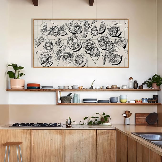Sketch Food and Drink Framed Canvas Wall Art Set,Retro Pizza Cheers Friends Party Wall Decor,Black and White Overhead View of Gathering Artwork for Kitchen Dining Room Restaurant Decor-20" x40"