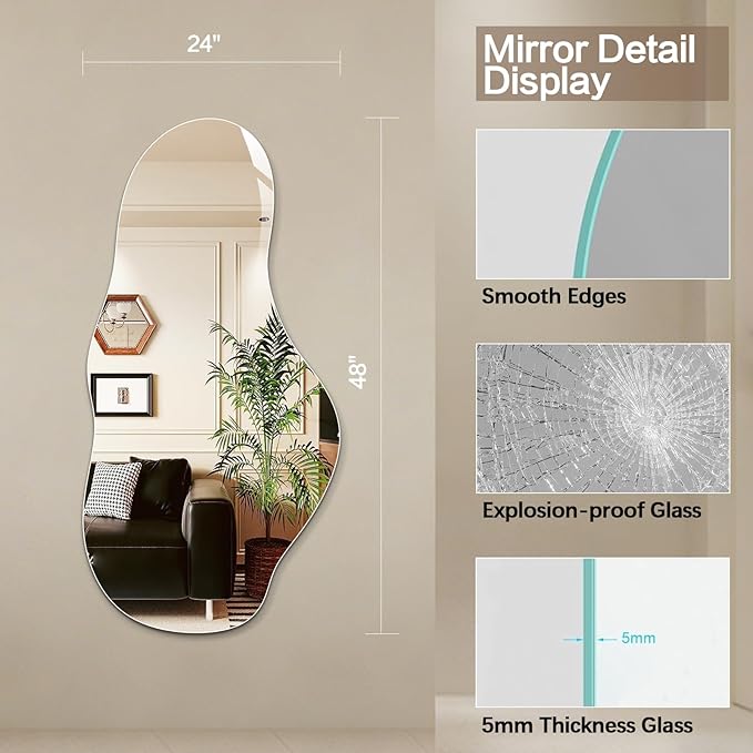 Niccy 48"×24" Frameless Cloud Full Length Mirrors, Long Wall-Mounted Mirror for Living Room, Large Full Body Mirror, Explosion-Proof Tall Hanging-Mirror for Bathroom Bedroom Entryway Decor