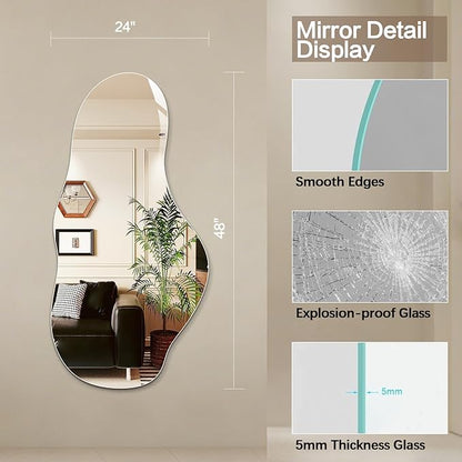 Niccy 48"×24" Frameless Cloud Full Length Mirrors, Long Wall-Mounted Mirror for Living Room, Large Full Body Mirror, Explosion-Proof Tall Hanging-Mirror for Bathroom Bedroom Entryway Decor