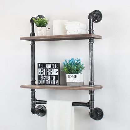 MBQQ Shelving Bathroom Pipe Shelves with Towel Bar Over Toilet, 24 inch Pine Wood Floating Shelves for Wall Mounted Bedroom,Kitchen, Farmhouse, Living Room