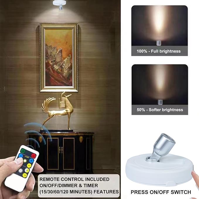 HAMVIDNE LED Spotlight, Battery Operated Picture Lights, Uplighting Indoor, Puck Lights with 2 Remote, Dimmable Spot Up Light for Wall Display Dartboard Painting Artwork Accent