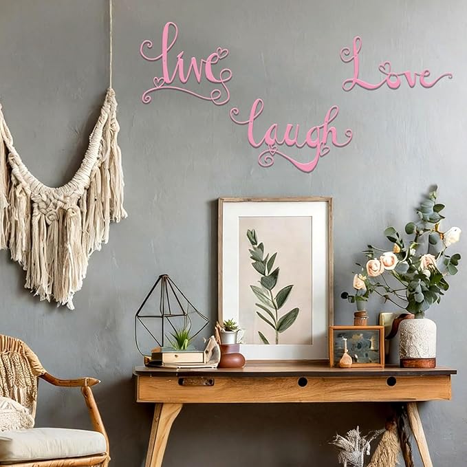 ESTART 3 Pieces Black Metal Letter Sign Decor 'Live Laugh Love' WordArt Wall Art Decor for Home Indoor Outdoor Bedroom Living room Bathroom and Office (Pink)