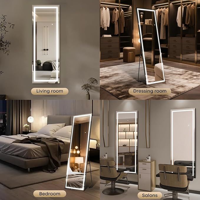 Kosmonia 63x24 Frameless Full Length Mirror, Dimmable 3 Color LED Light w/Memory Function, Distortion Free, HD Reflection & Anti Desilvering, Tempered Glass, Easy Setup w/Stand, Wall/Standing