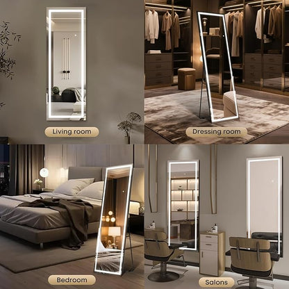 Kosmonia 71x28 Frameless Full Length Mirror, Dimmable 3 Color LED Light w/Memory Function, Distortion Free, HD Reflection & Anti Desilvering, Tempered Glass, Easy Setup w/Stand, Wall/Standing