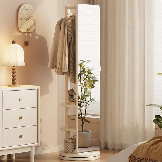 WoodsWhisper Full Length Mirror Coat Rack Solid Wood Floor Mirror 66"x12" Full Length Mirror with Stand Long Mirrors for Bedroom,Living Room (White, 66" Lx12 W)