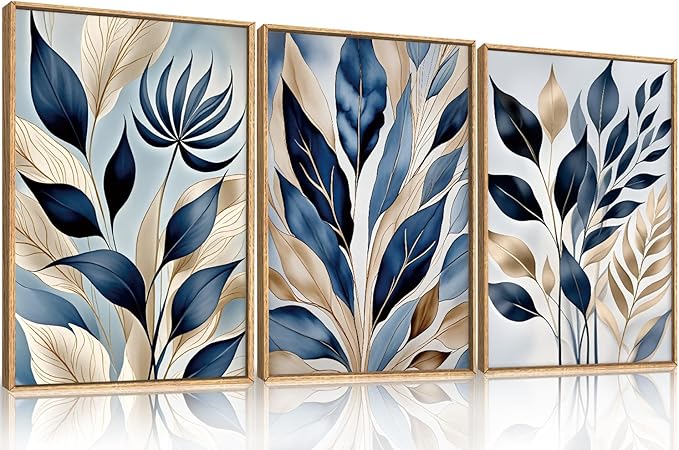 HPNIUB Blue Botanical Leaf Framed Wall Art Set,Modern Natural Blue and Gold Plant Wall Decor,Abstract Boho Minimalist Rustic Floral Leaves Artwork for Living Room, Bedroom,Office-24''x36''x3