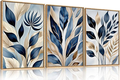 HPNIUB Blue Botanical Leaf Framed Wall Art Set,Modern Natural Blue and Gold Plant Wall Decor,Abstract Boho Minimalist Rustic Floral Leaves Artwork for Living Room, Bedroom,Office-24''x36''x3