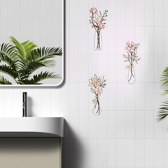 RISCORIO 3 Pieces Flower Wall Decor Minimalist Wall Art, Metal Flowers Wall Arts for Dining Room, Living Room, Bedroom, Bathroom, Kitchen, Rustic Farmhouse Decor, Pink