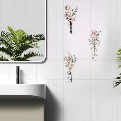 RISCORIO 3 Pieces Flower Wall Decor Minimalist Wall Art, Metal Flowers Wall Arts for Dining Room, Living Room, Bedroom, Bathroom, Kitchen, Rustic Farmhouse Decor, Pink