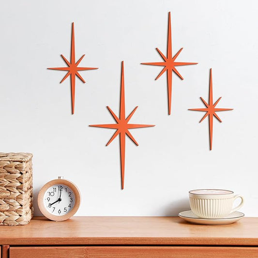 Blulu 4 Pcs Cast Iron Starburst Shaped Wall Decor Metal Mid Century Modern Decor Retro Atomic Stars Wall Art Elegance Accents Vintage Celestial Whimsigoth Hangings for Home Office Room(Orange)