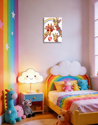 12x16 Inch Colorful Giraffe Canvas Wall Art - Watercolor Rainbow Giraffe Family Poster with Glasses Balloon - Framed Funny Animal Wall Decor Prints for Kids Bedroom Nursery Bathroom Playroom