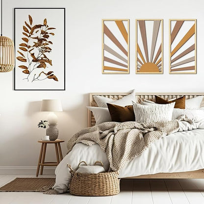 Suzile 3 Pcs Wall Sculptures Wooden Wall Decor Boho Geometric Line Hollow Wall Decor Mid Century Modern Decor Minimalist Geometric Art for Living Room Bathroom Bedroom Office Kitchen (Sunrise)