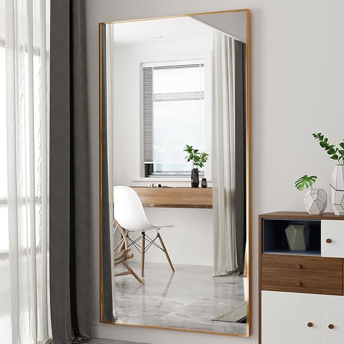 Beauty4U 76" x 37" Full Length Mirror with Stand, Gold Floor & Wall Mounted Mirror, Large HD Tempered Glass Full Body Mirror for Bedroom, Dressing Room, Living Room, Entryway