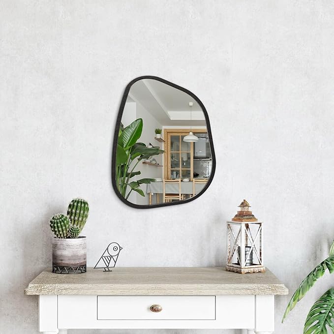 Asymmetrical Small Wall Mirror Irregular Wood Frame Modern Unique Accent Wall Mirror Decorative Vanity Bathroom Living Room Bedroom Entryway Hallway Artistic Wavy Mirror Small 16"x12"