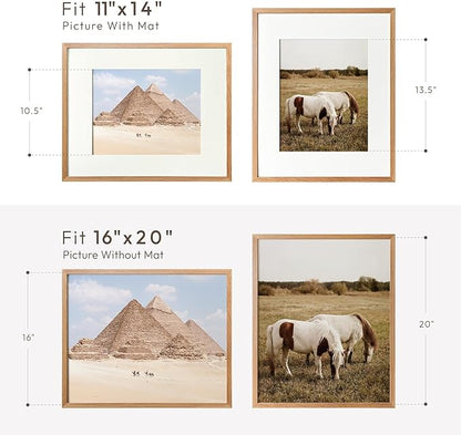 16x20 Picture Frame, 20x16 Solid Oak Picture Frame with Mat, 16x20 Natural Wood Frame for Wall Art Photo, Set of 3