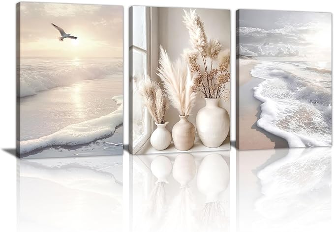 3 Pcs Beach Seaside Wall Art for Bedroom, Modern Beige Reeds Botanical Wall Picture Aesthetic Nature Coastal Sunset Landscape Wall Painting Poster Art Prints for Bedroom Office Home Decor 16"x24"x3Pcs