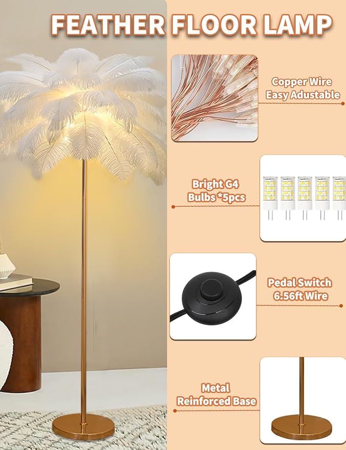 Feather Floor Lamp,Fluffy Ostrich Feather Floor Lamp for Bedroom,3 Color Temperatures Led Corner Modern Floor Lamps for Living Room Christmas Home Decor House Warming Gifts,63″ Height (White)
