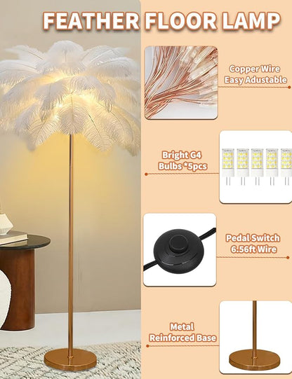 Feather Floor Lamp,Fluffy Ostrich Feather Floor Lamp for Bedroom,3 Color Temperatures Led Corner Modern Floor Lamps for Living Room Christmas Home Decor House Warming Gifts,63″ Height (White)