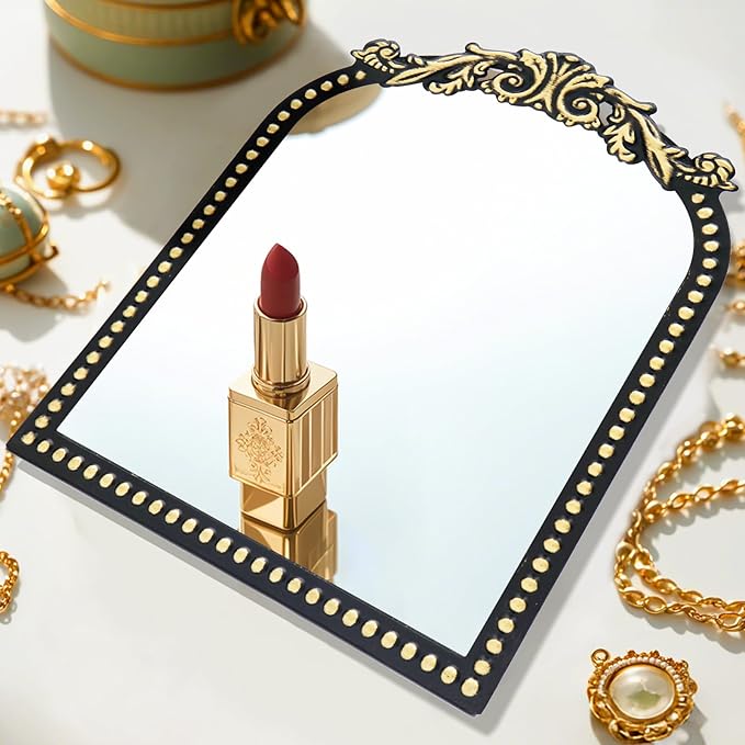 Vintage Vanity Makeup Mirror, 12.1" x 9.8" Antique Arched Black Table Mirrors for Dresser,Baroque Decor Ornate Standing Mirror for Living Room,Tabletop,Bedroom