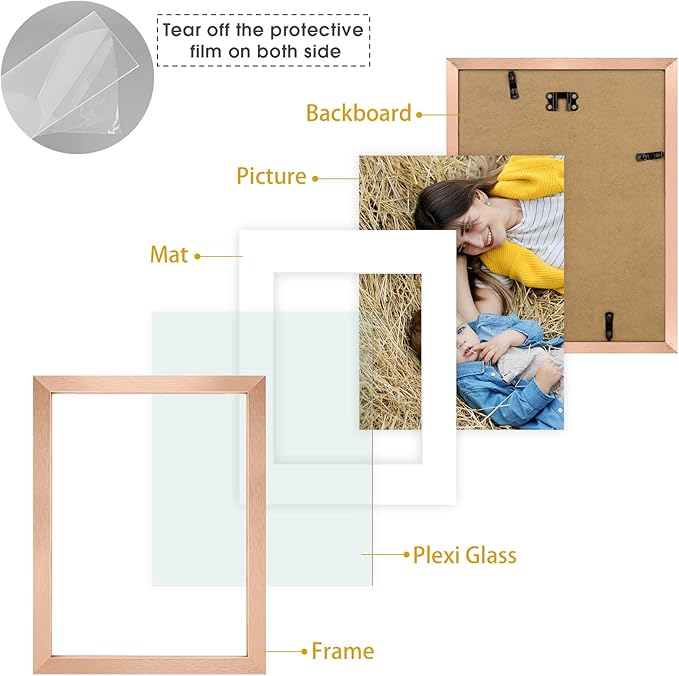 Golden State Art, 9x12 Picture Frame Set of 6 - Matted to 6x8 Photo - Engineered Wood Gallery Frame Set - Wall Mounting (Rose Gold,6 Pack)
