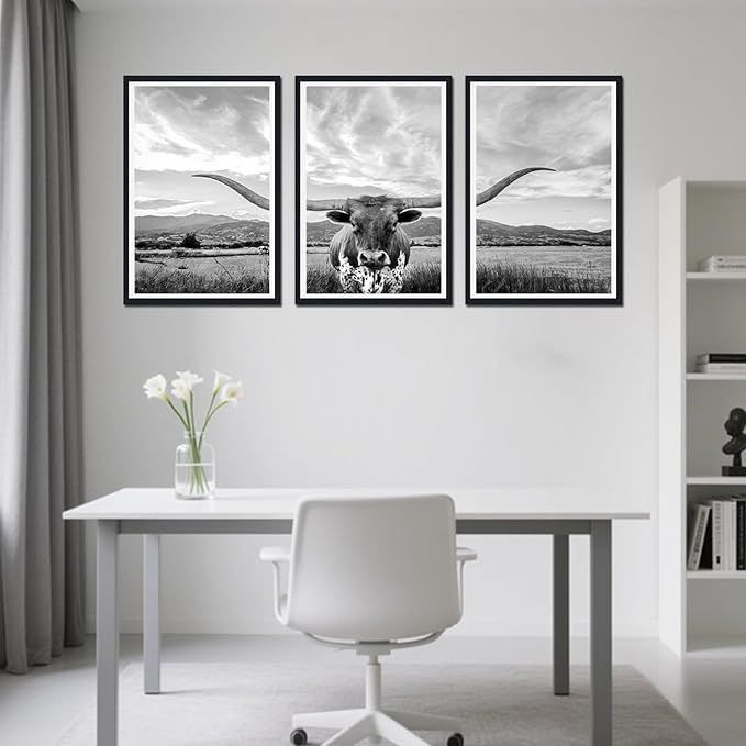 Western Cow Black Framed Canvas Wall Art Funny Highland Cow Rustic Art Poster Wall Decor Vintage Grey Animal Artwork for Country Apartment Living Room Bedroom Decor Easy to Hand 24x36inchx3pcs