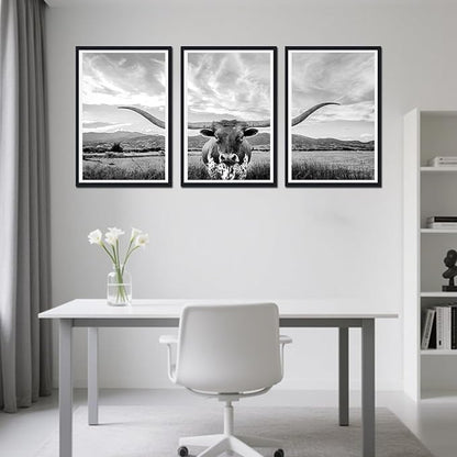 Western Cow Black Framed Canvas Wall Art Funny Highland Cow Rustic Art Poster Wall Decor Vintage Grey Animal Artwork for Country Apartment Living Room Bedroom Decor Easy to Hand 24x36inchx3pcs
