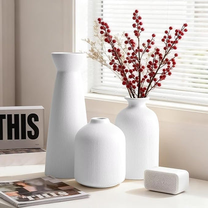 White Ceramic Flower Vases Set of 3, Valentine's Day Gift Vases with Vertical Stripe Texture, Modern Decorative Vases for Dried Flowers, Home Decor Vase for Living Room Bedroom Kitchen Shelf