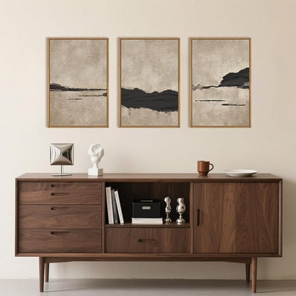 Large Abstract Black and Tan Framed Canvas Wall Art,Vintage Minimalist Wall Decor,Neutral Brush Stroke Artwork,Modern Textured Art Print for Living Room,Bedroom,Office- 16"x24"x3