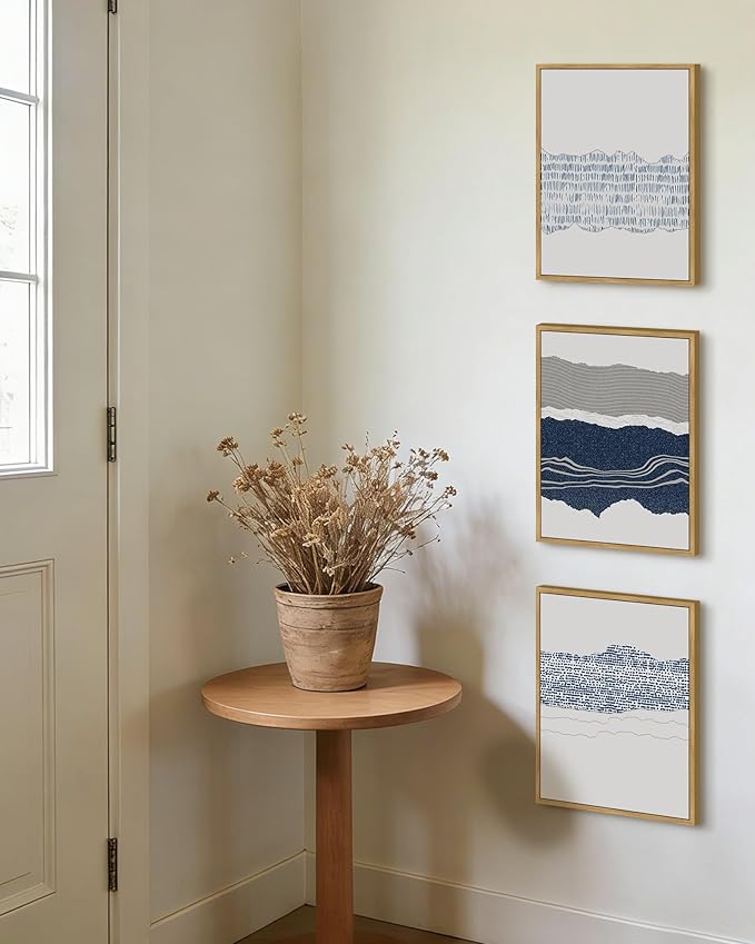 PHOPAGO Navy Blue Abstract Framed Wall Art Mid Century Minimalist Boho Wall Decor Modern Neutral Farmhouse Rustic Art Bedroom Living Decor - 11x14in Natural Framed