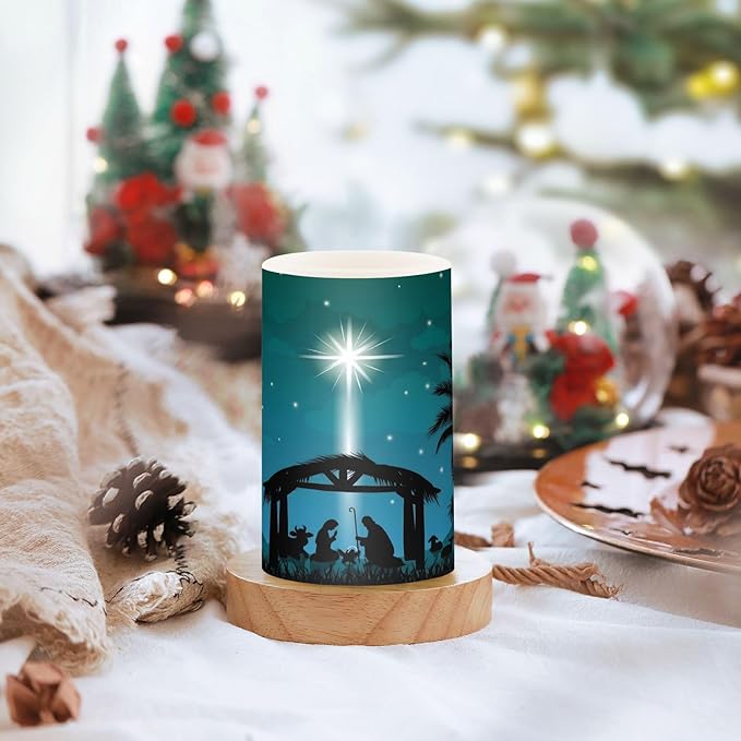 ALAZA Christmas Scene of The Nativity Flickering Flameless Candles Battery Operated with Remote Timer,Tea Light Candles LED Pillar Votive Candles Set of 2 for Outdoor Indoor Decorations