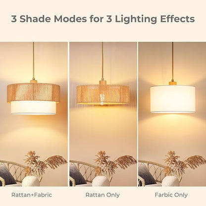 Qingmiao Boho Plug in Pendant Light, Rattan Hanging Lamp Plug in with Woven Shade, 3-Way Dimmable Hanging Light Fixture for Living Room Bedroom Kitchen Ceiling Home Decor