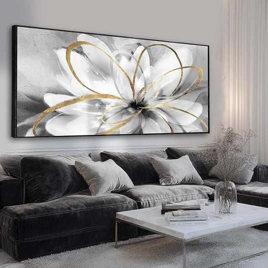 Grey Home Wall Decor Modern Canvas Prints White Flower Framed Wall Art 32"x70" Large Artwork for Living Room Pictures for Office