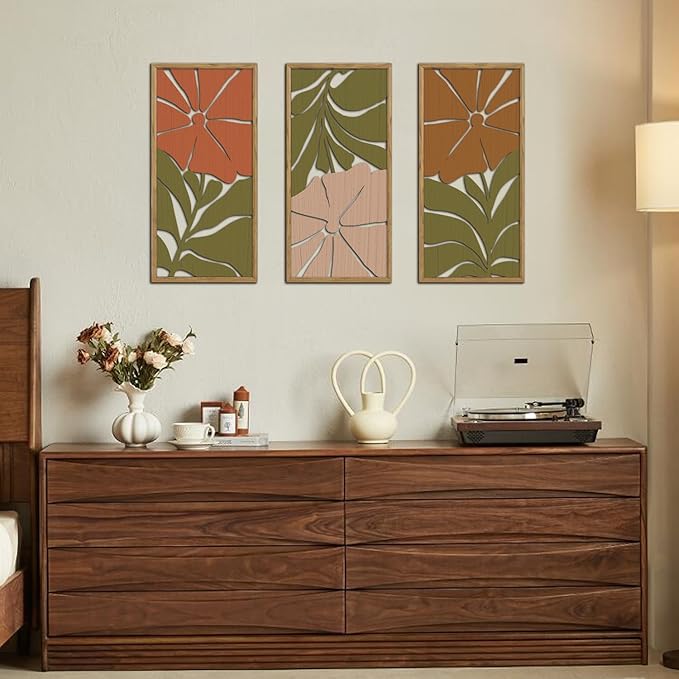 KAIRNE Boho Wooden Wall Art,Bohemian Wood Wall Decor Set of 3(16”X8”),Abstract Minimalist Hanging Decor,Vintage Farmhouse Bohemian Artwork for Living Room Bedroom Kitchen Office Decoration,Framed