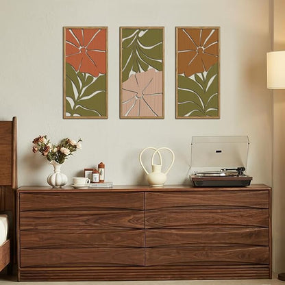 KAIRNE Boho Wooden Wall Art,Bohemian Wood Wall Decor Set of 3(16”X8”),Abstract Minimalist Hanging Decor,Vintage Farmhouse Bohemian Artwork for Living Room Bedroom Kitchen Office Decoration,Framed