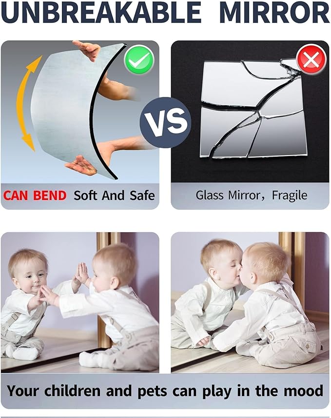 Kids Safety Shatterproof Mirror For Wall, Mirror Tiles, Made of Unbreakable Acrylic, Thick 0.12",4 Pack 14"x12", Bedroom Door Closet Mirrors, Plexiglass, Living Room Mirrors, Glassless Mirro for Kids