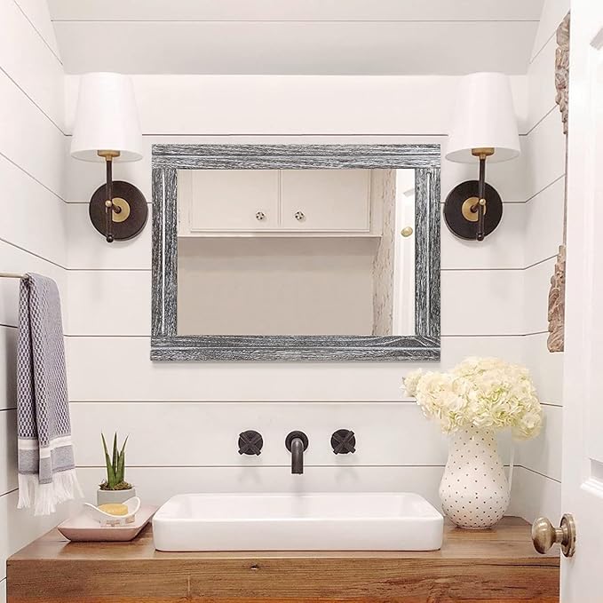 AAZZKANG Rustic Mirrors Large Wood Framed Wall Mirror 28"x20" Rectangle for Bedroom Bathroom Farmhouse Entryway