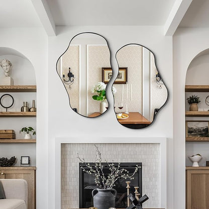 Irregular Shaped Mirror, 30"x20" Asymmetrical Mirrors with Metal Frame, Abstract Wall Mirrors Decorative, Modern Funky Mirror for Living Room Bathroom Bedroom Hallway Entryway Fireplace