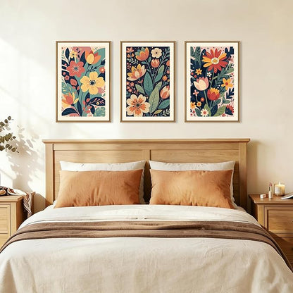 KAIRNE Vintage Colorful Floral Framed Canvas Wall Art Set,Mid Century Modern Flower Wall Decor,Retro Wildflower Art Prints,Boho Botanical Artwork for Living Room,Bedroom,Farmhouse,Office-24 x36 x3