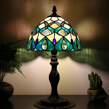 Tiffany Style Lamp Stained Glass Table Lamp 8" x 14.5" Mini Accent Light Blue Phoenix Tail Design Small Decorative Bedside Memory Lamp