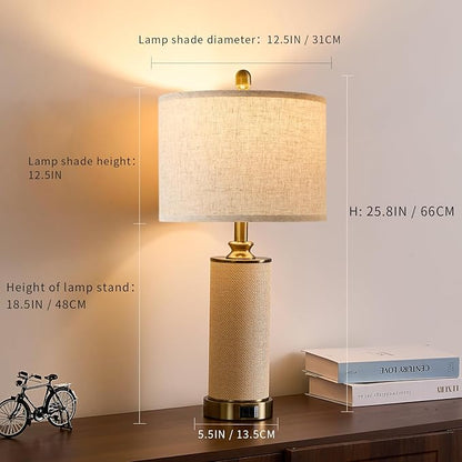 25.5"Boho Weaving Gold Large Table Lamps set of 2, Touch Control 3-Way Dimmable Farmhouse Bedside Lamps with Beige Lamp Shades & USB A+C Charging Ports for Living Room/Bedroom (2 LED Bulbs Included)