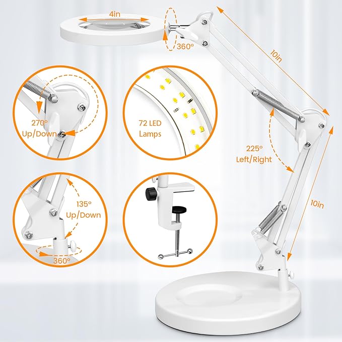 KIRKAS 10X Magnifying Glass with Light and Stand, 2-in-1 Stepless Dimmable LED Desk Lamp with Clamp, 3 Color Modes Lighted Magnifier Swivel Arm Light for Reading, Craft, Close Works - White