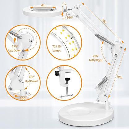 KIRKAS 10X Magnifying Glass with Light and Stand, 2-in-1 Stepless Dimmable LED Desk Lamp with Clamp, 3 Color Modes Lighted Magnifier Swivel Arm Light for Reading, Craft, Close Works - White