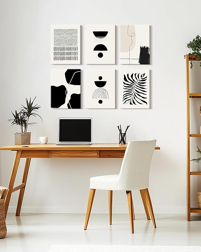 KUVIOKE Black Abstract Framed Wall Art Boho Room Decor Set of 6 Minimalist Geometric Line Art Bohemian Mid Century Modern Prints for Bedroom Living Room 12x16in (Framed)