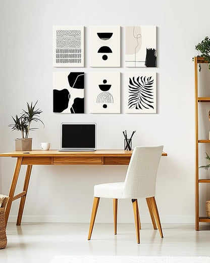 KUVIOKE Black Abstract Framed Wall Art Boho Room Decor Set of 6 Minimalist Geometric Line Art Bohemian Mid Century Modern Prints for Bedroom Living Room 12x16in (Framed)