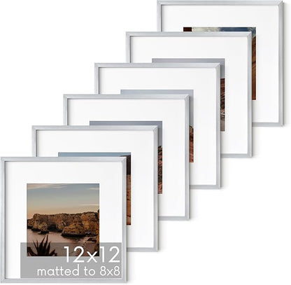 HAUS AND HUES 12x12 Silver Metal Picture Frames Matted to 8x8 - Premium Aluminum with Hanging Hardware, Shatterproof Plexiglass - Ideal for Home or Office (12x12 in, Silver, Set of 6)