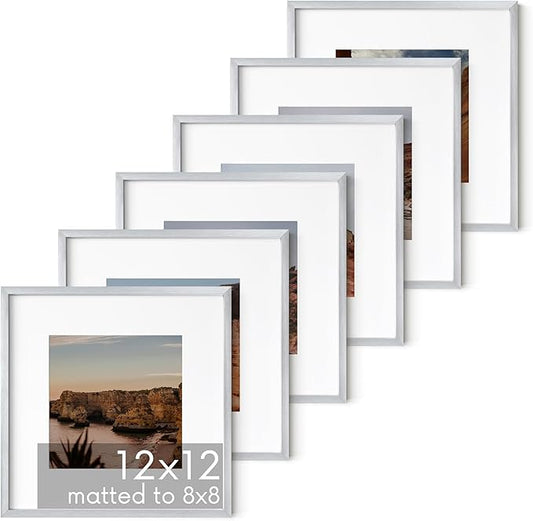 HAUS AND HUES 12x12 Silver Metal Picture Frames Matted to 8x8 - Premium Aluminum with Hanging Hardware, Shatterproof Plexiglass - Ideal for Home or Office (12x12 in, Silver, Set of 6)