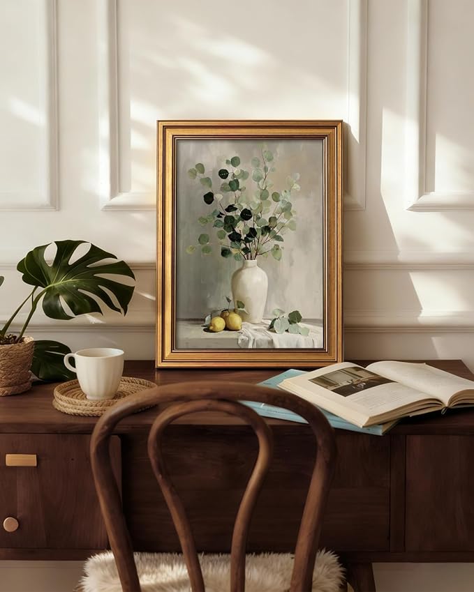 VIYYIEA Modern Rustic Botanical Farmhouse Wall Art Decor for Dining Room Kitchen, Aesthetic Eucalyptus Lemons Vase Pictures,12x16inch,Gold Framed Canvas Prints Paintings
