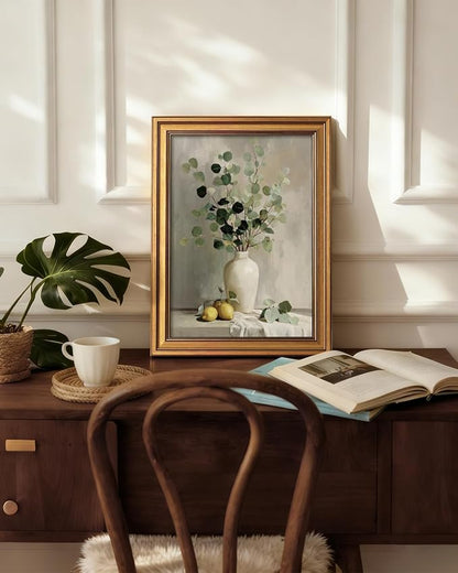 VIYYIEA Modern Rustic Botanical Farmhouse Wall Art Decor for Dining Room Kitchen, Aesthetic Eucalyptus Lemons Vase Pictures,12x16inch,Gold Framed Canvas Prints Paintings