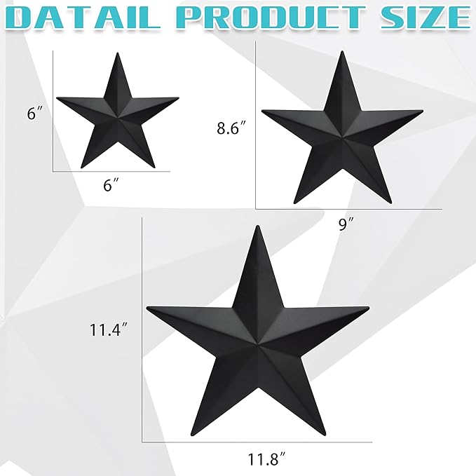 VIVICOMFY 6" 9”12"（3pieces Black Barn Star Wall Decor,Metal Stars Rustic Vintage Western Country Farmhouse Home Indoor or Outdoor Wall Decoration,Texas Stars for House Art Décor